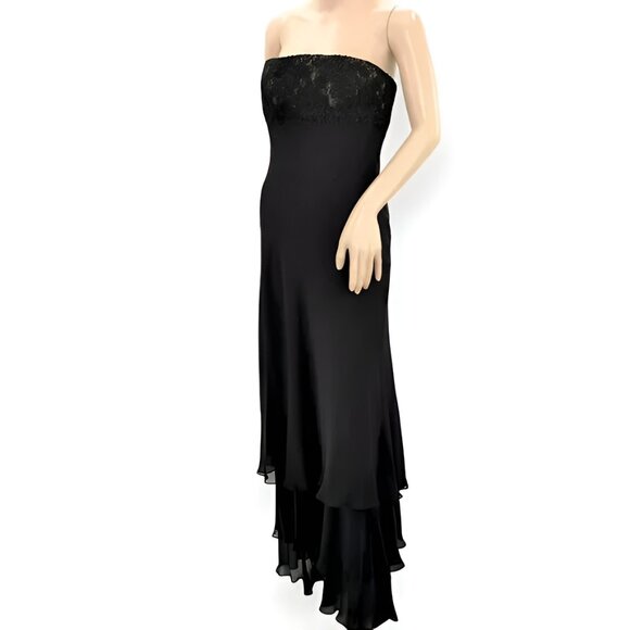 CMV Tiered Black Nude Lace Chiffon Sequin Tiered Cocktail Evening Gown Dress S 4 - Picture 2 of 7